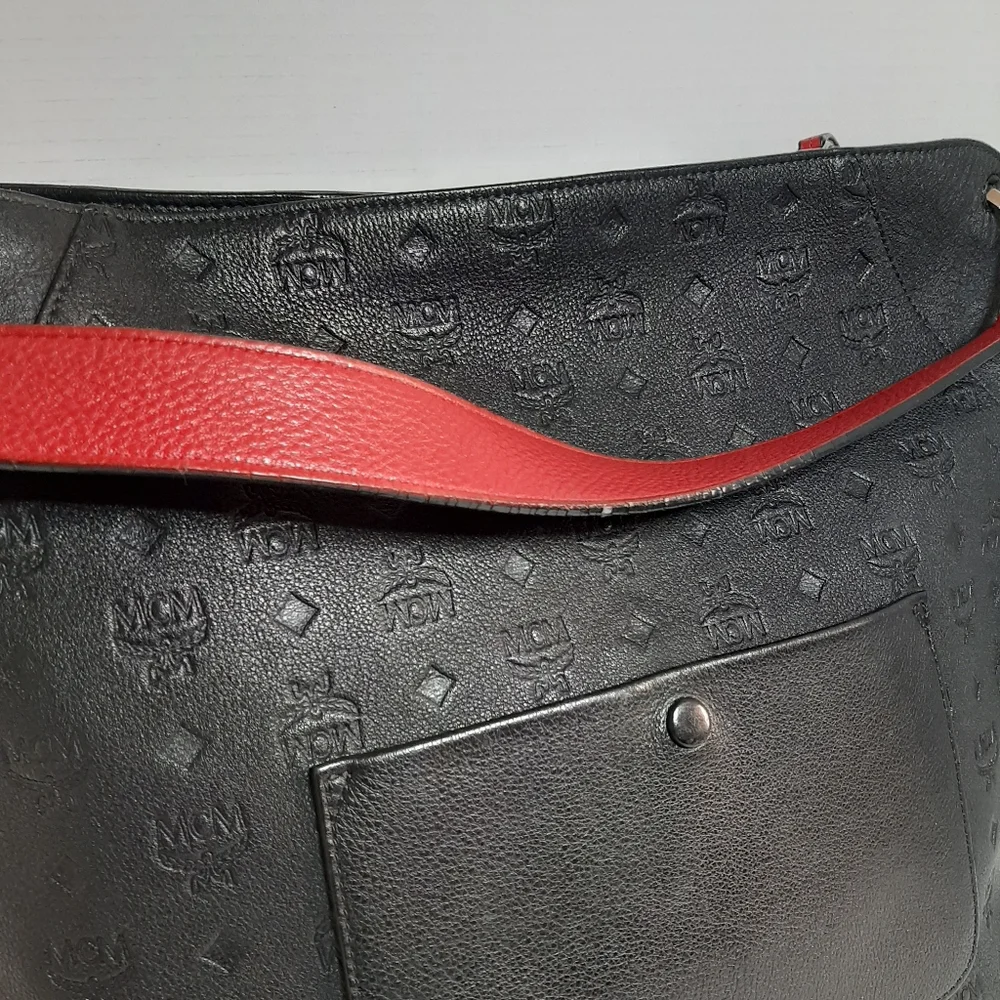 Black Embossed Crossbody Bag with Red Trim